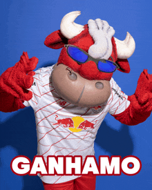 a mascot wearing sunglasses and a shirt that says ganhamo on it