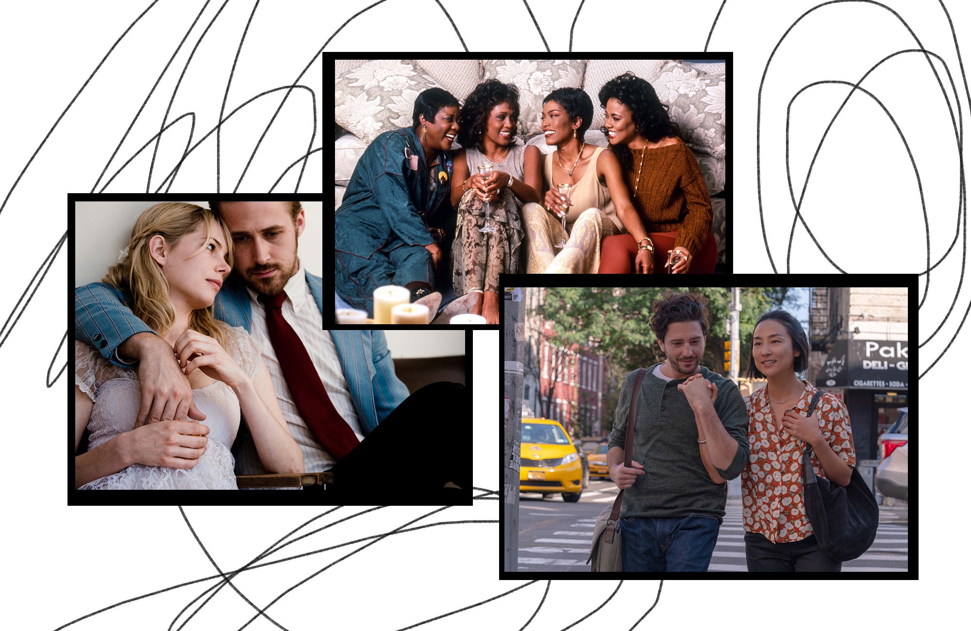 Image may contain Ryan Gosling Michelle Williams Greta Lee John Magaro Art Collage People Person Face and Head