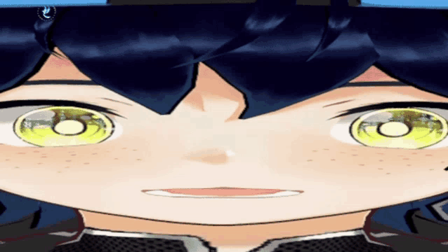 a close up of a character 's face with yellow eyes