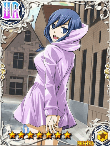 a fairy tail card shows a girl in a purple coat