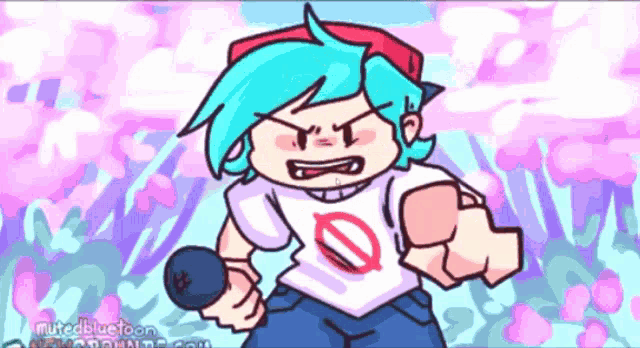 a cartoon character with blue hair is holding a microphone and pointing at the camera .