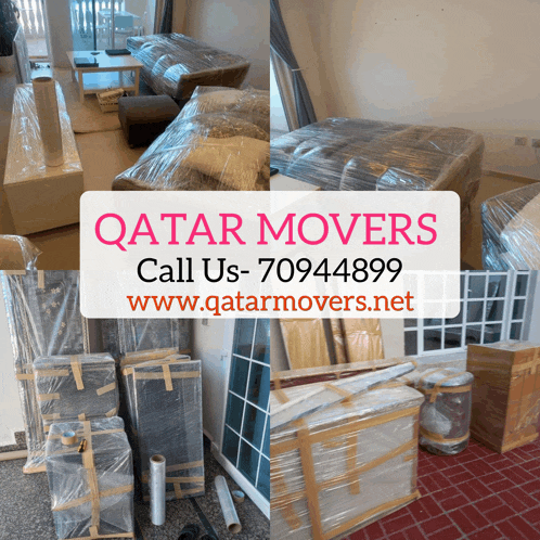 a poster for qatar movers shows a living room with a couch wrapped in plastic