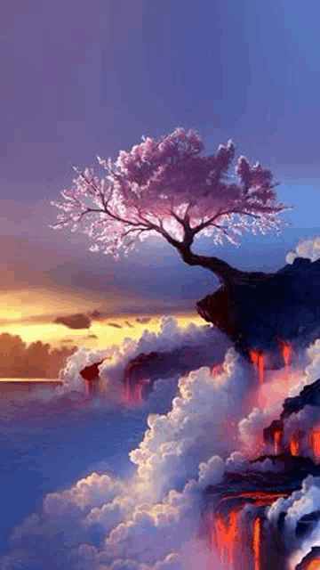 a cherry blossom tree is growing on top of a cliff overlooking a body of water .