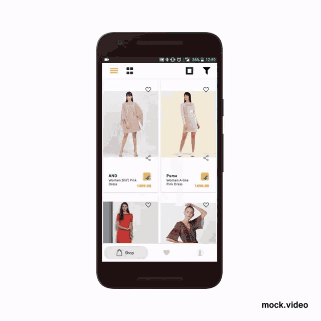 a mock video of a cell phone displaying a selection of dresses