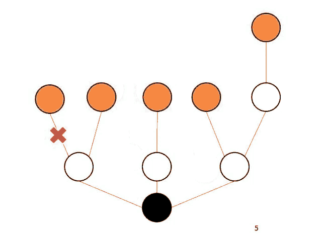 a diagram of a tree with orange circles and a black circle with an x on it .