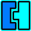 a blue square with the letter h on it