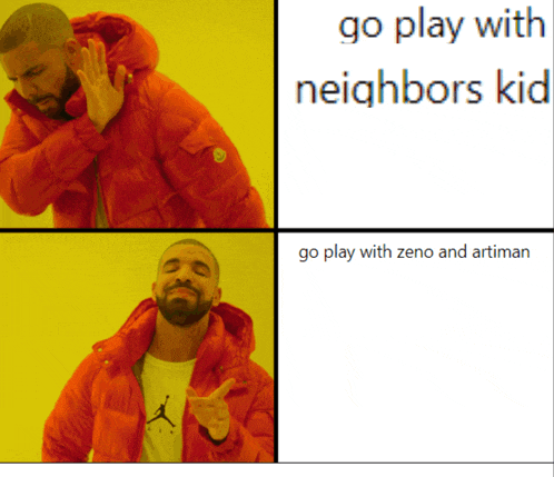 a man in an orange jacket with the words go play with neighbors kid