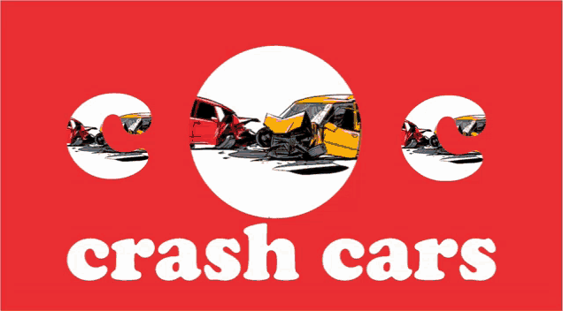 a red sign that says crash cars with a picture of cars