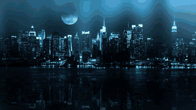 a city skyline at night with a full moon