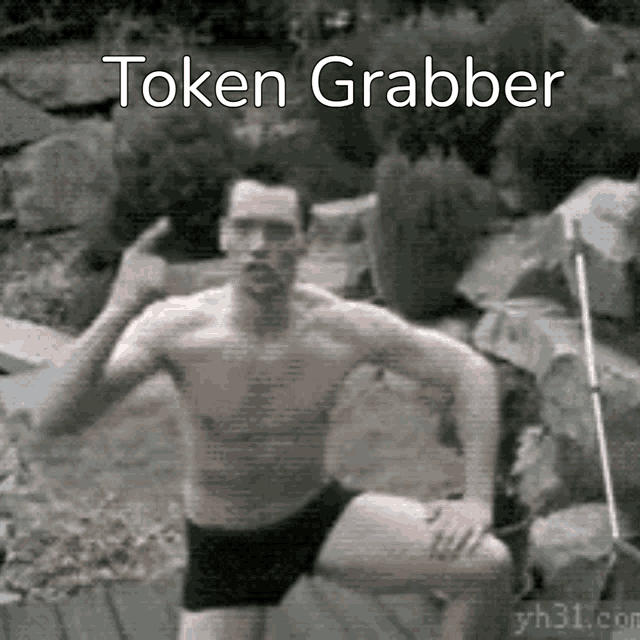 a man without a shirt is giving a thumbs up with the words " token grabber " below him