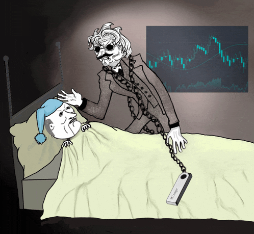 a cartoon of a man chained to a bed with a tag that says ' litecoin '