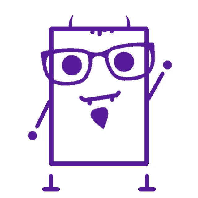 a purple cartoon character with horns and glasses is waving his hand