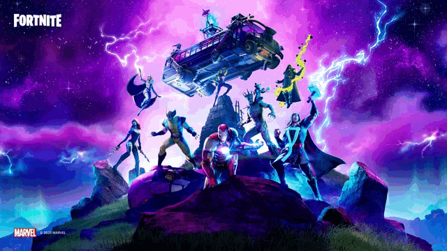 a poster for a video game called fortnite featuring a group of superhero characters