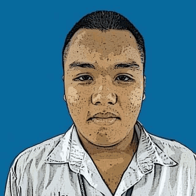 a cartoon drawing of a young man wearing a striped shirt and a blue background .