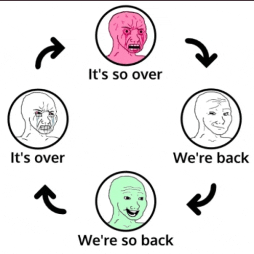 a circle of faces with the words it 's over we 're back and we 're so back