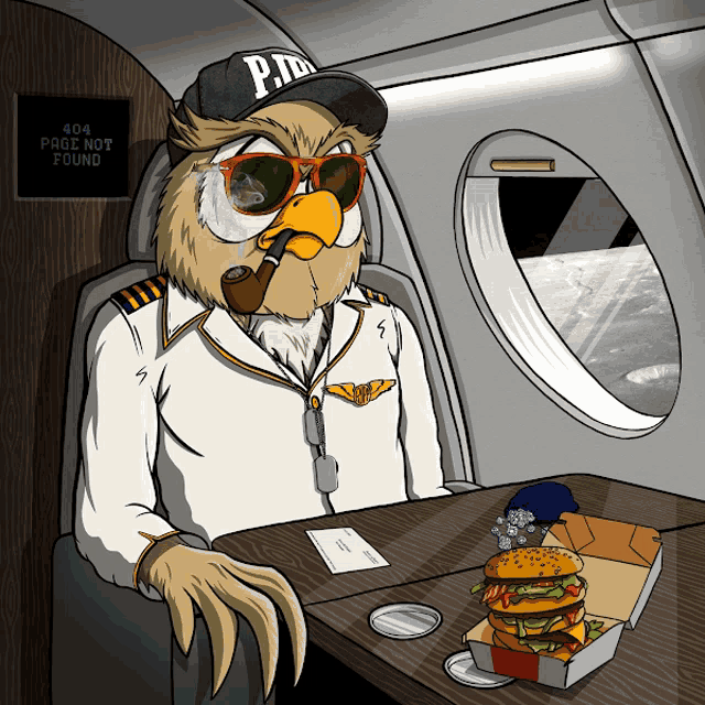 an owl is sitting at a table with a hamburger and a 404 page not found sign