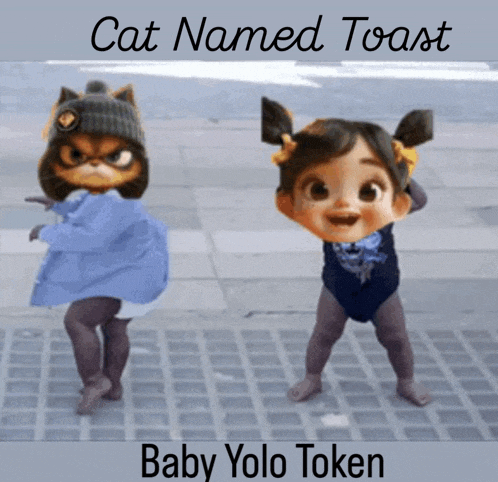 a cat named toast and a baby yolo token dancing on a sidewalk