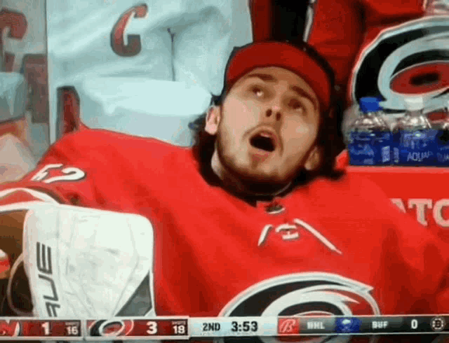 a hockey player is sitting in the stands watching a game between the carolina hurricanes and the new york islanders