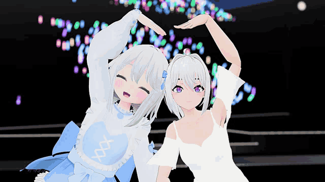 two anime girls are making a heart shape with their arms