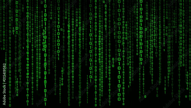 green binary code is falling down on a black background