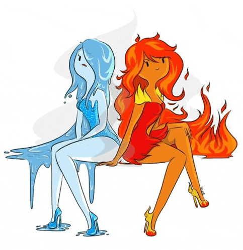 a cartoon drawing of a girl sitting next to a girl sitting next to a fire girl