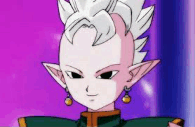 a close up of a cartoon character with a shaved head and earrings .