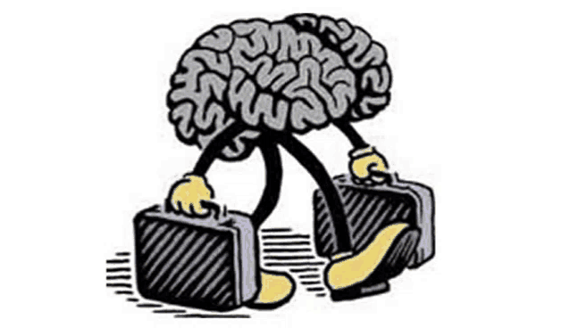 a cartoon drawing of a brain holding a briefcase and walking .