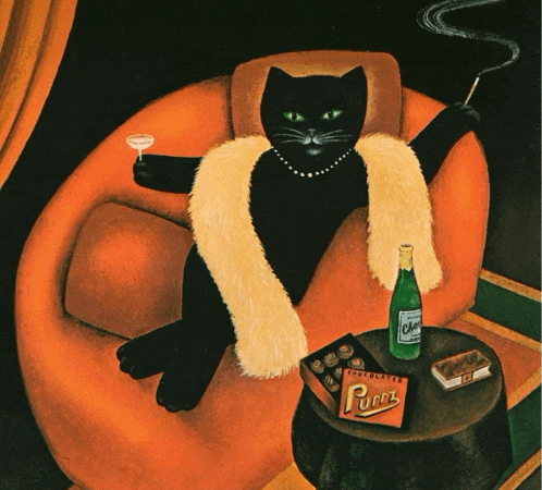 a painting of a black cat smoking a cigarette and holding a martini glass