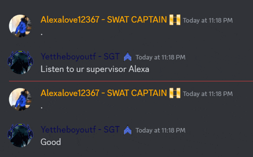 a screenshot of a chat between alexalove12377 and swat captain