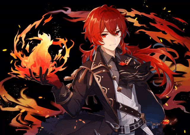 a man with red hair is holding a flame in his hand