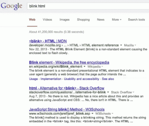 a google search for blink html shows about 41,200,000 results in 0.38 seconds