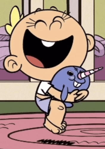 a cartoon baby is holding a stuffed animal with a horn