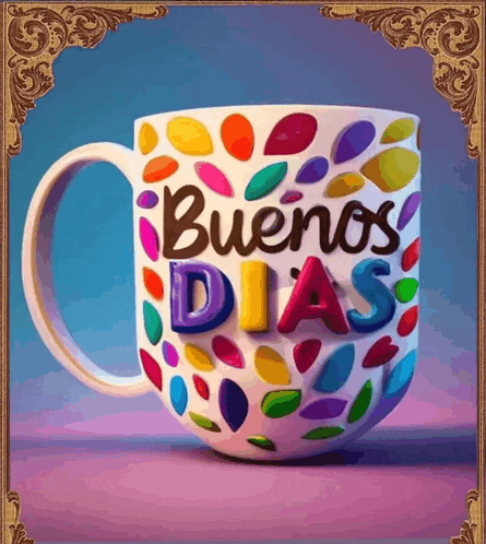 a colorful coffee mug with the words buenos dias on it