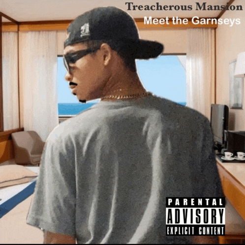 an album cover for treacherous mansion meet the garnseys shows a man wearing a hat and sunglasses