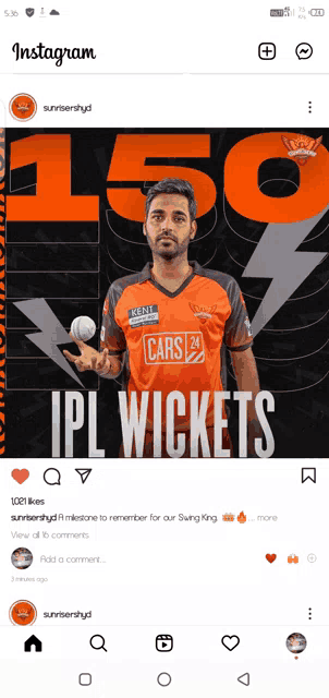 an advertisement for ipl wickets shows a man in an orange shirt holding a ball