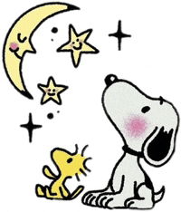 a cartoon of snoopy and woodstock looking at the moon and stars