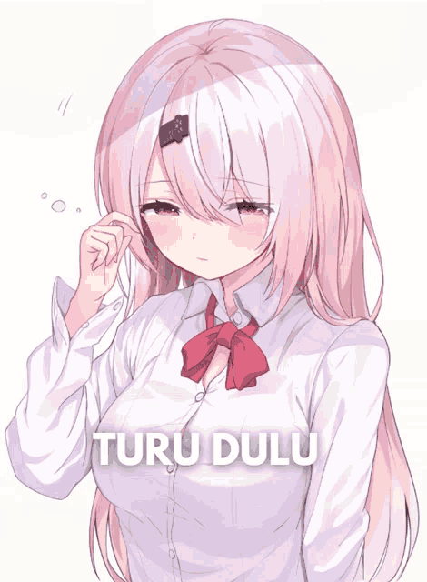 a girl with pink hair and a white shirt with the words turu dulu on it