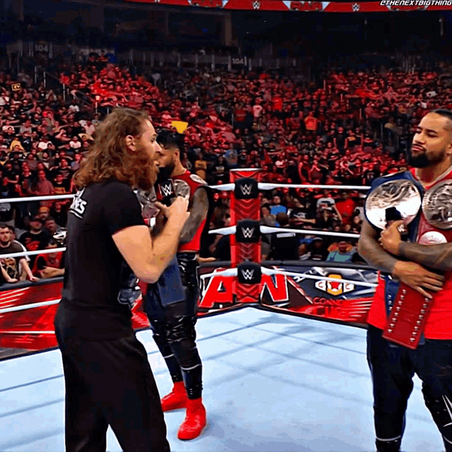 wrestlers in a wrestling ring with a crowd behind them and a sign that says ' a n ' on it