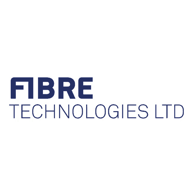 a logo for fibre technologies ltd is blue and white