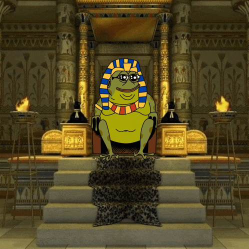 a cartoon of a frog wearing a pharaoh hat is sitting on a throne