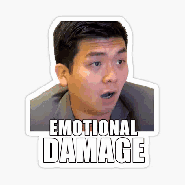 a man with a surprised look on his face has a sticker that says emotional damage on it