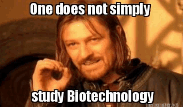 a man with a beard is making a funny face and says `` one does not simply study biotechnology ''