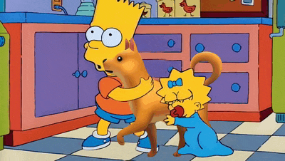 bart simpson and maggie simpson in a kitchen with a dog