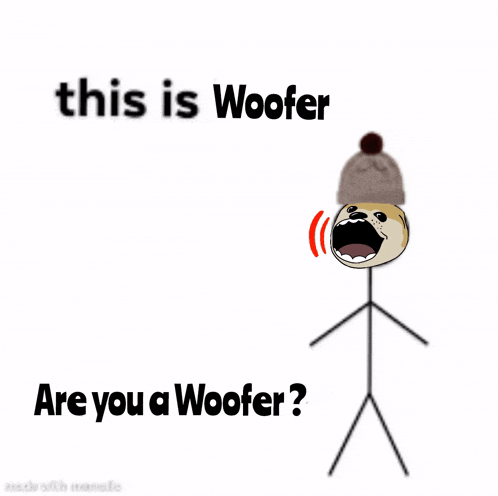 a stick figure is wearing a hat and screaming with the words " this is woofer are you a woofer " below it