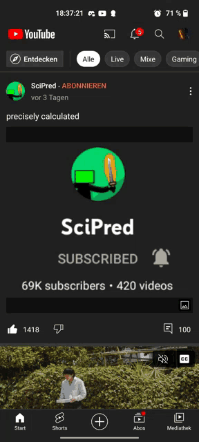 a screenshot of scipred 's youtube channel with 69k subscribers 420 videos