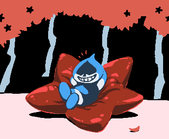 a pixel art of a cartoon character laying on a red flower