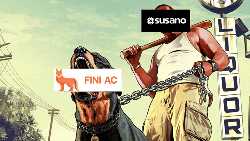 a cartoon of a man holding a bat and a dog on a leash with a sign that says fini ac