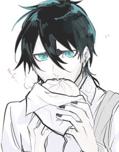 a black and white drawing of a boy with blue eyes eating a bun .