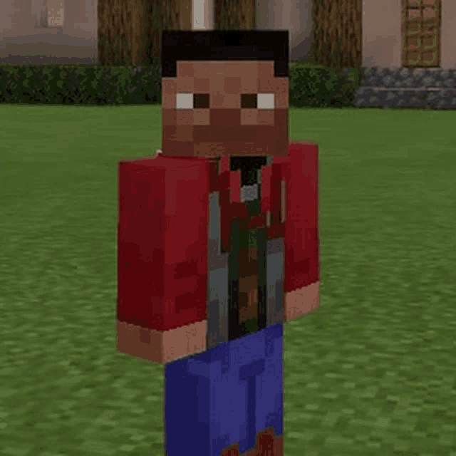 a man in a red jacket and tie is standing in a grassy field in a minecraft game .