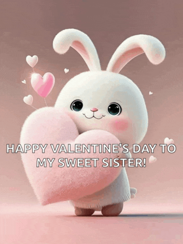 a picture of a bunny holding a pink heart with the words happy valentine 's day to my sweet sister